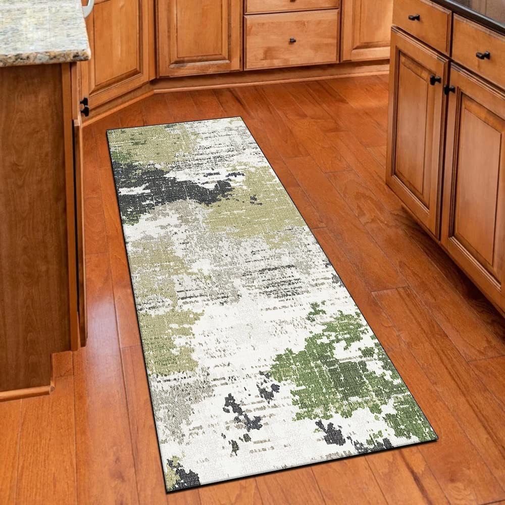 Vintage Läuferteppich Grau-Grün - Waschbar & Rutschfest Für Flur & Küche