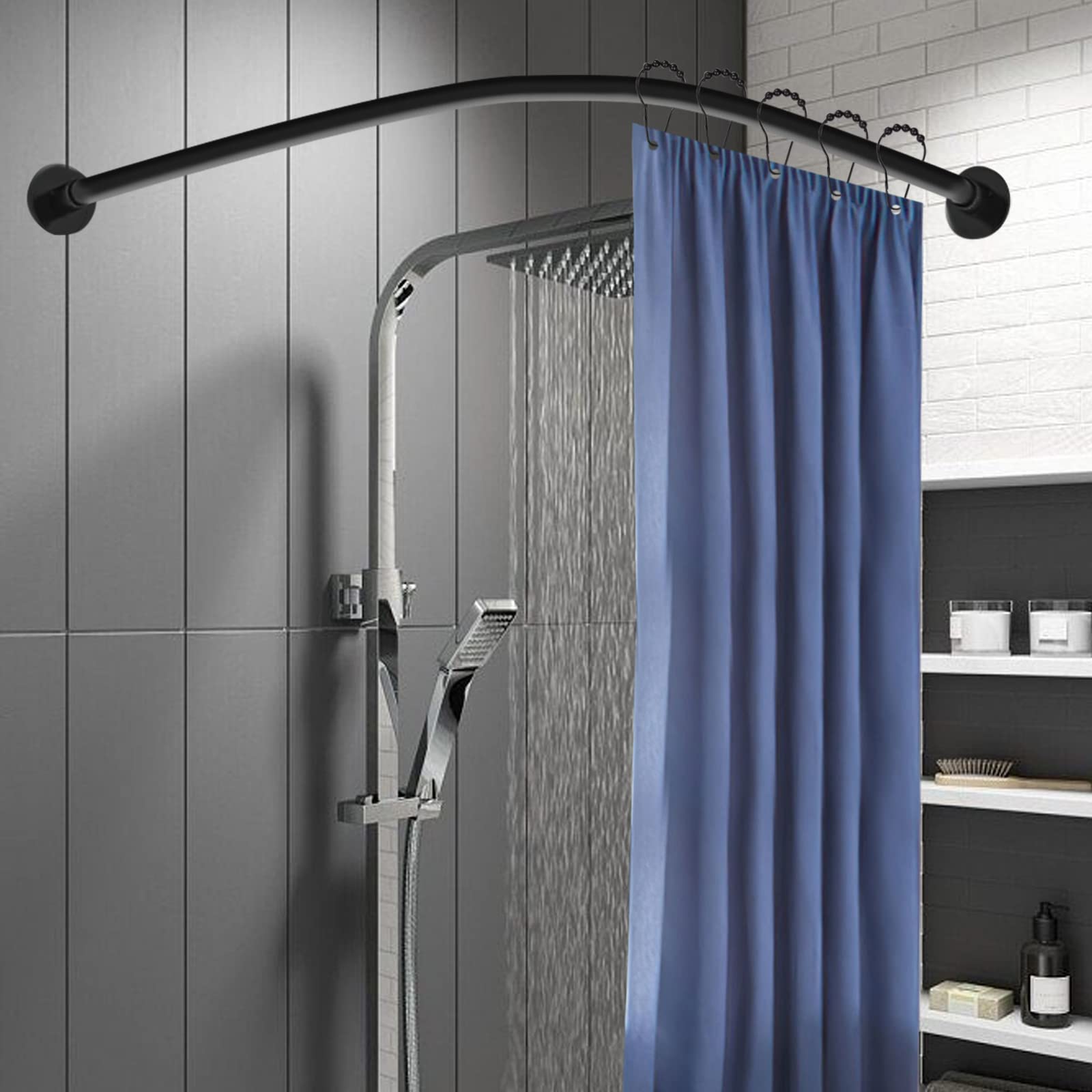 Barra de cortina de ducha angular L, barra de cortina de ducha extensible negra, barra de acero inoxidable para cuarto de baño, sin taladrar, soporte de pared o adhesivo, instalación fácil, ajustable