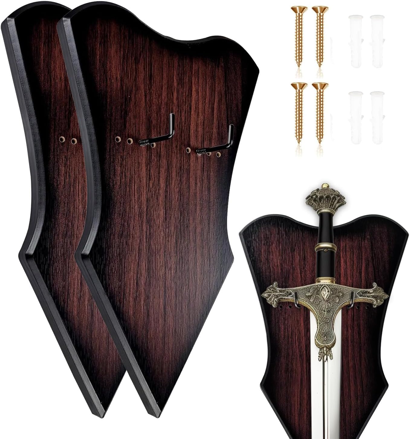 Sword Plaque Wall Mount Vertical Sword Display Holder Adjustable Sword Stand for Bow Medieval Claymore Sword Dagger Axe (2pcs Large Brown)