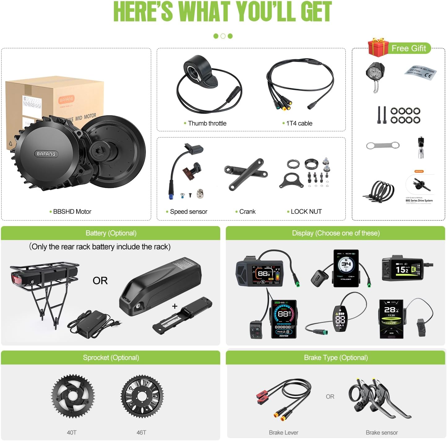 BAFANG 1000W Mid Drive Kit 48V/52V Ebike Motor with Optional Display&46T Chainring Mid Drive Electric Bike Conversion Kits with Battery Fit 68-73MM BB Size Bikes
