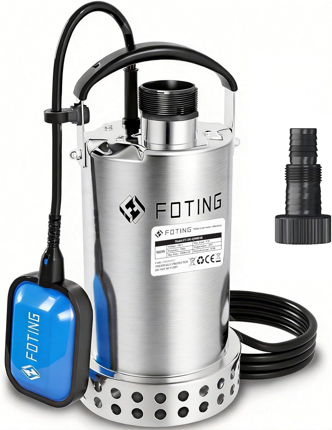 FOTING Edelstahl Tauchpumpe 900 W, 13.000 l/h, Förderhöhe bis 9 m, Eintauchtiefe bis 7 m, mit Schwimmerschalter, für Pool, Keller und Entwässerung