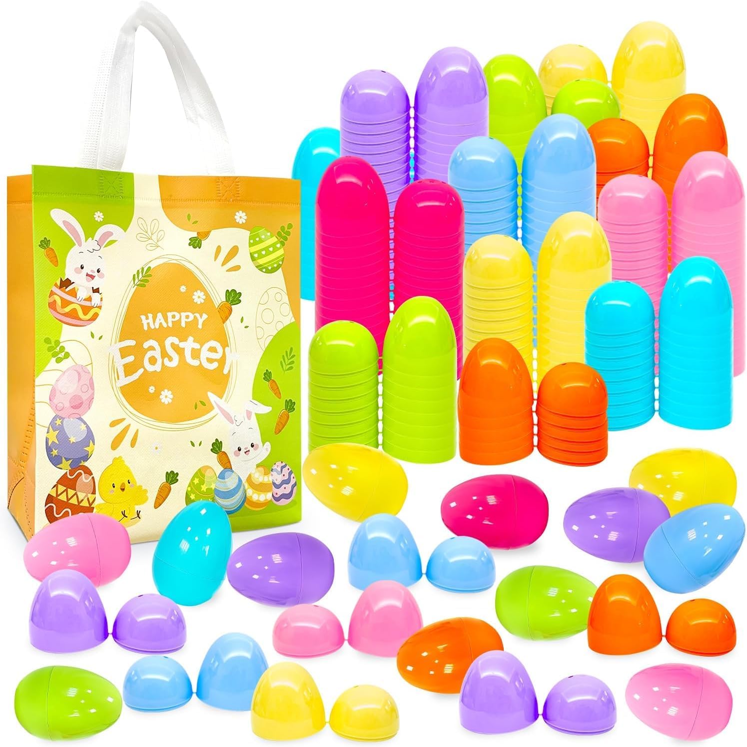 Aviski 96Pcs 3.15inch Colorful Easter Plastic Eggs for Kids Egg Hunt Basket Bag Empty Stuffers Fillers with 2pcs Cute Non Woven Bags, Toys Filling Treats and Easter Theme Party Supplies Favor