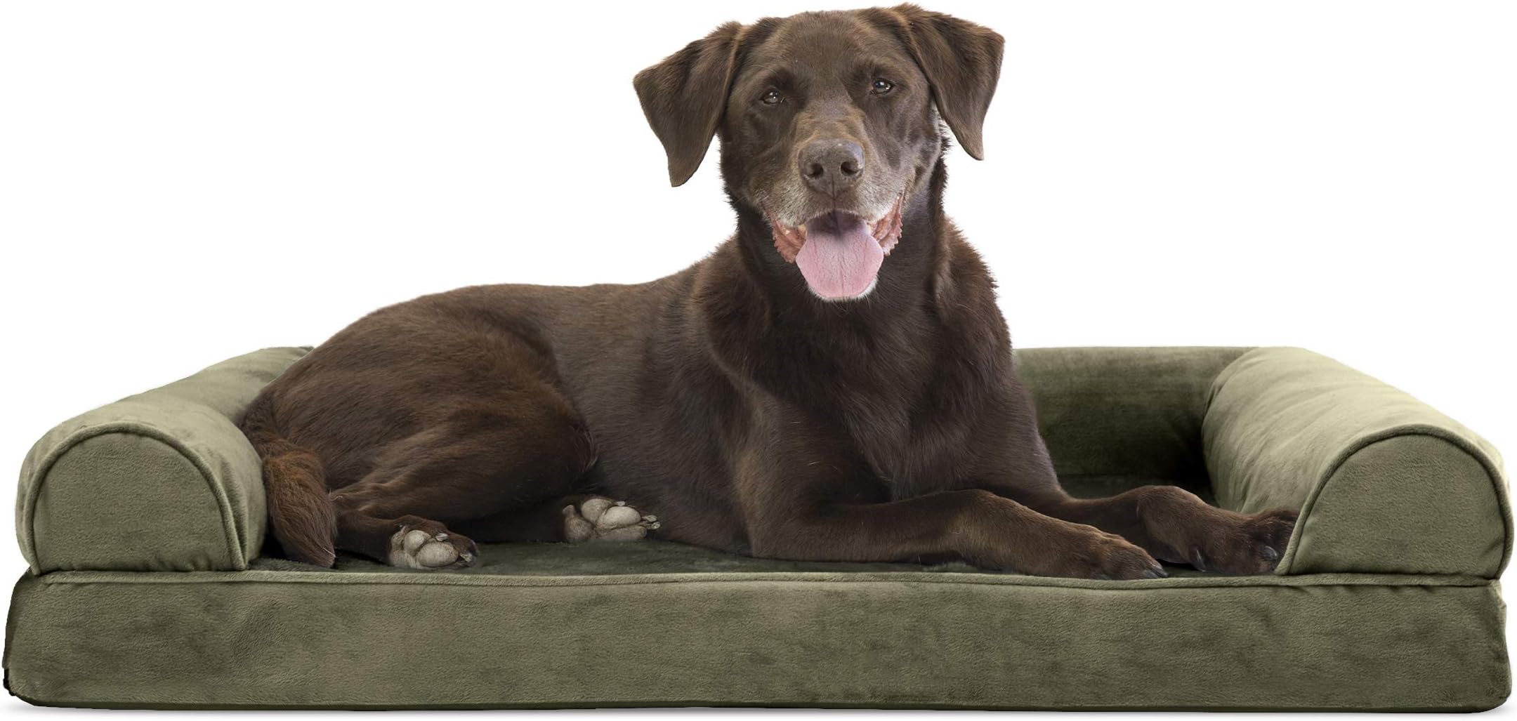 Furhaven Large Orthopedic Dog Bed Faux Fur & Velvet Sofa-Style w/Removable Washable Cover - Dark Sage, Large