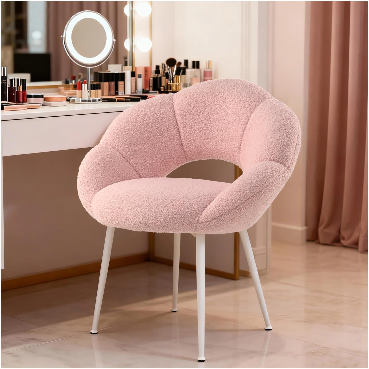 Upholstered Desk Chair - Dressing Table Chair - Girls Office Chair with Arms and Back Petal Design in Teddy Fabric without Wheels - White and Pink