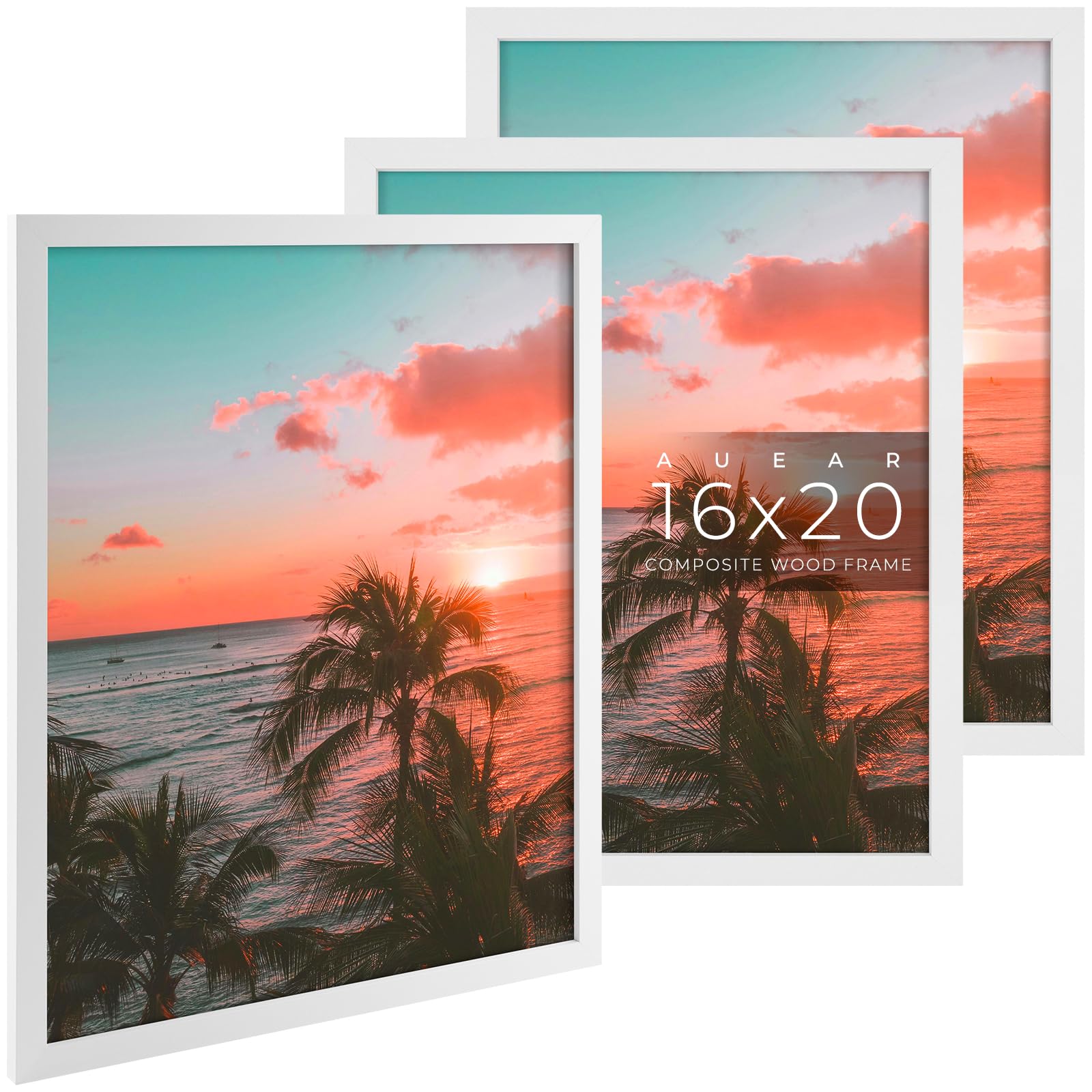 AUEAR, 16x20 Picture Frames Set of 3, with Mat for 11x14 or 16x20 without Mat, Engineered Wood Photo Frames with Plexiglass, Wall Mounting (White)