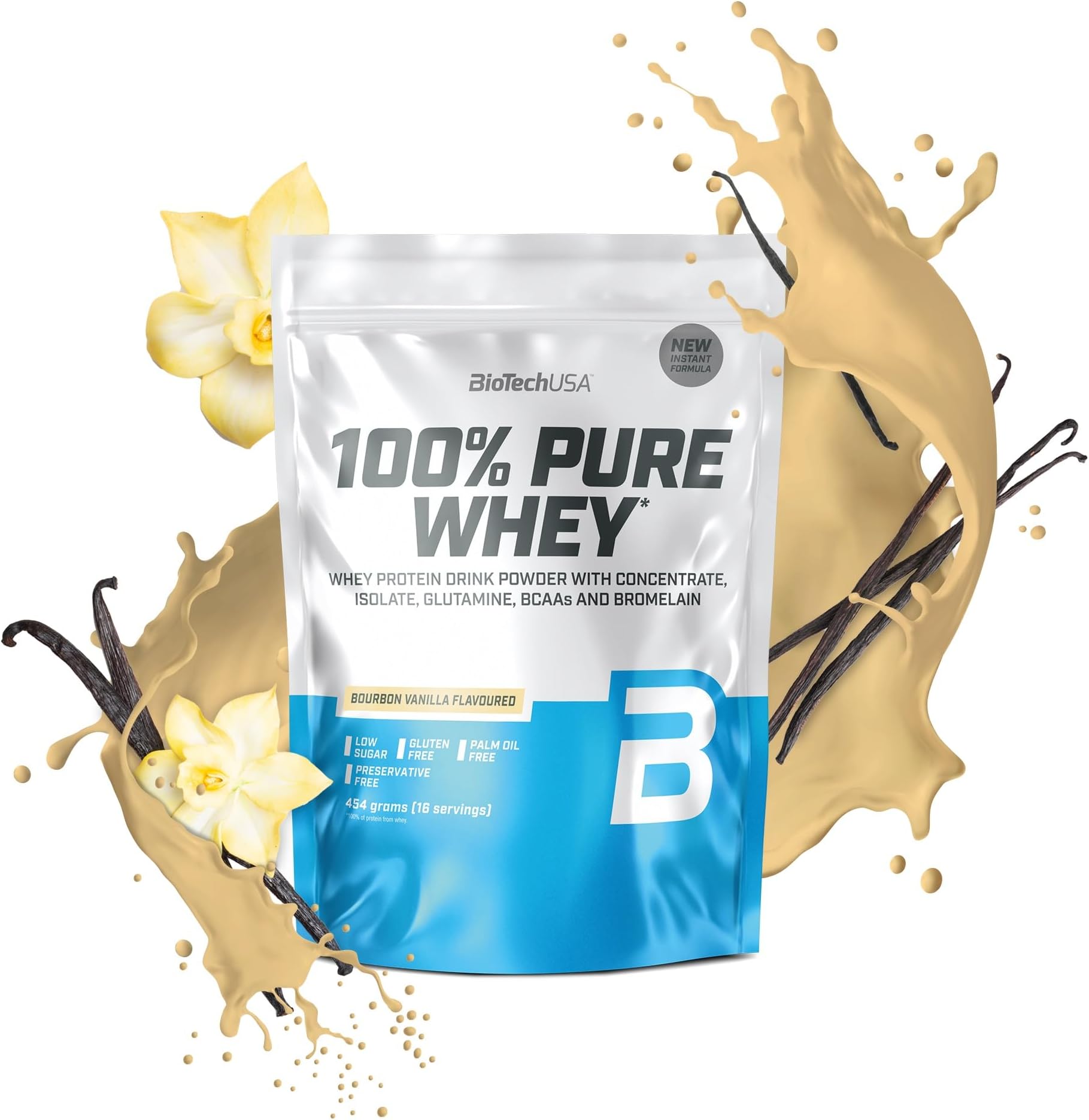 BioTechUSA 100% Pure Whey | Protein Powder with BCAA and Glutamine | Gluten-Free, Palm Oil Free | 21g Protein per Serving, 454 g, Bourbon Vanilla