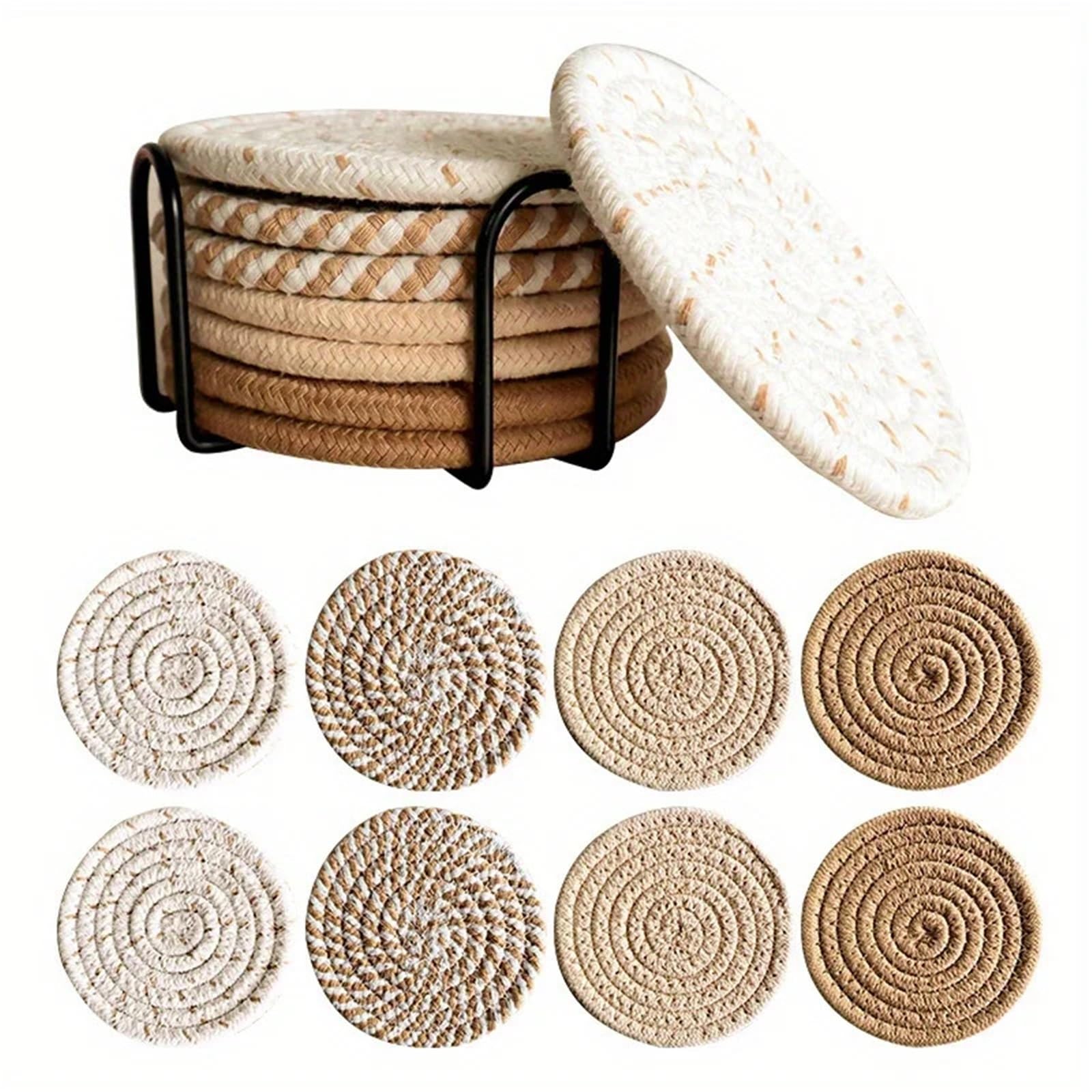 Insulated Coasters 8Pcs Drink Coasters with Holder Absorbent Drinks Woven Coaster Set Home Decoration for Drinks Coffee Pads Beer Home Office(Brown)