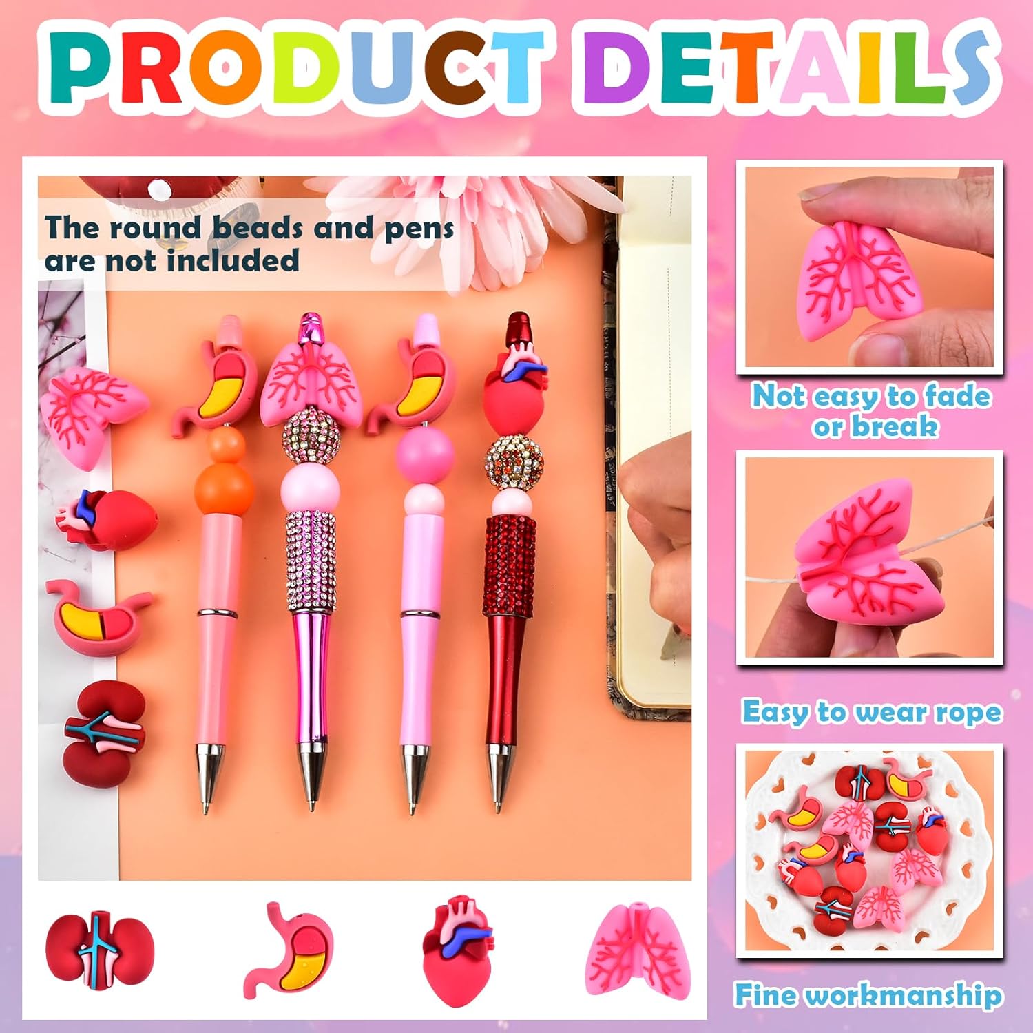 12 PCS 3D Organ Theme Silicone Focal Beads for Pens, Medical Silicone Beads Bulk for Keychain Bracelet Necklace Making, Handmade Crafts Supplies - Image 4