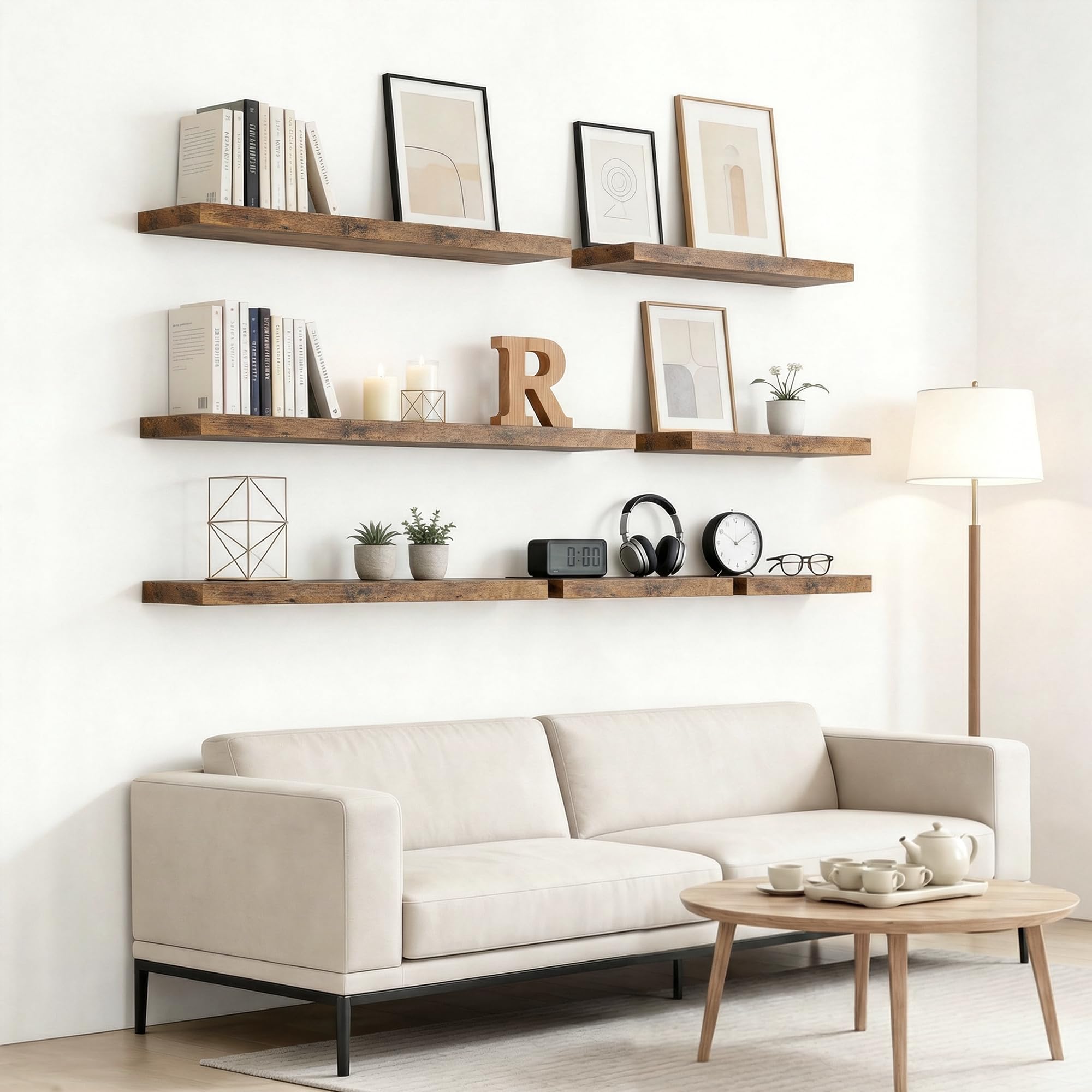 RICHER HOUSE Braun - Juego de 2 estantes de pared (60 x 23,5 x 3,8 cm, tablero de fibra de densidad media) | Estantería de madera para pared, con soportes invisibles, para dormitorio, salón, baño, cocina, lavandería, oficina