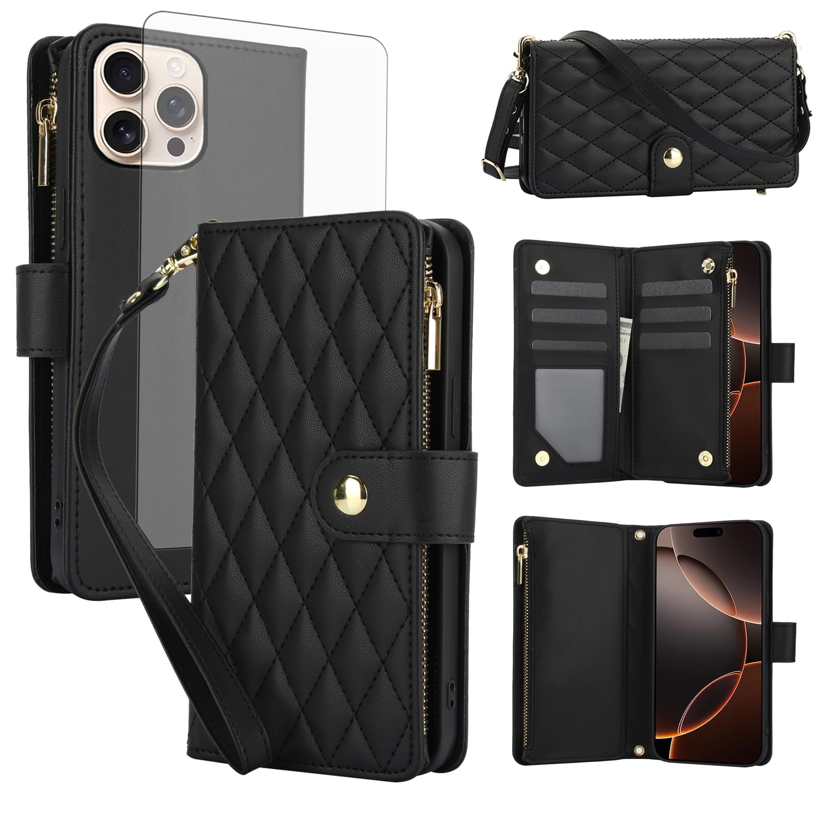 Asuwish Handyhülle für iPhone 16 Pro Max Hülle mit Band Folie Schutzfolie Kartenfach Klappbar Leder Geldbörse Ständer i Phone16 16Pro ProMax Maxhülle Handy Hüllen Schutzhülle Cover Phone Case Schwarz