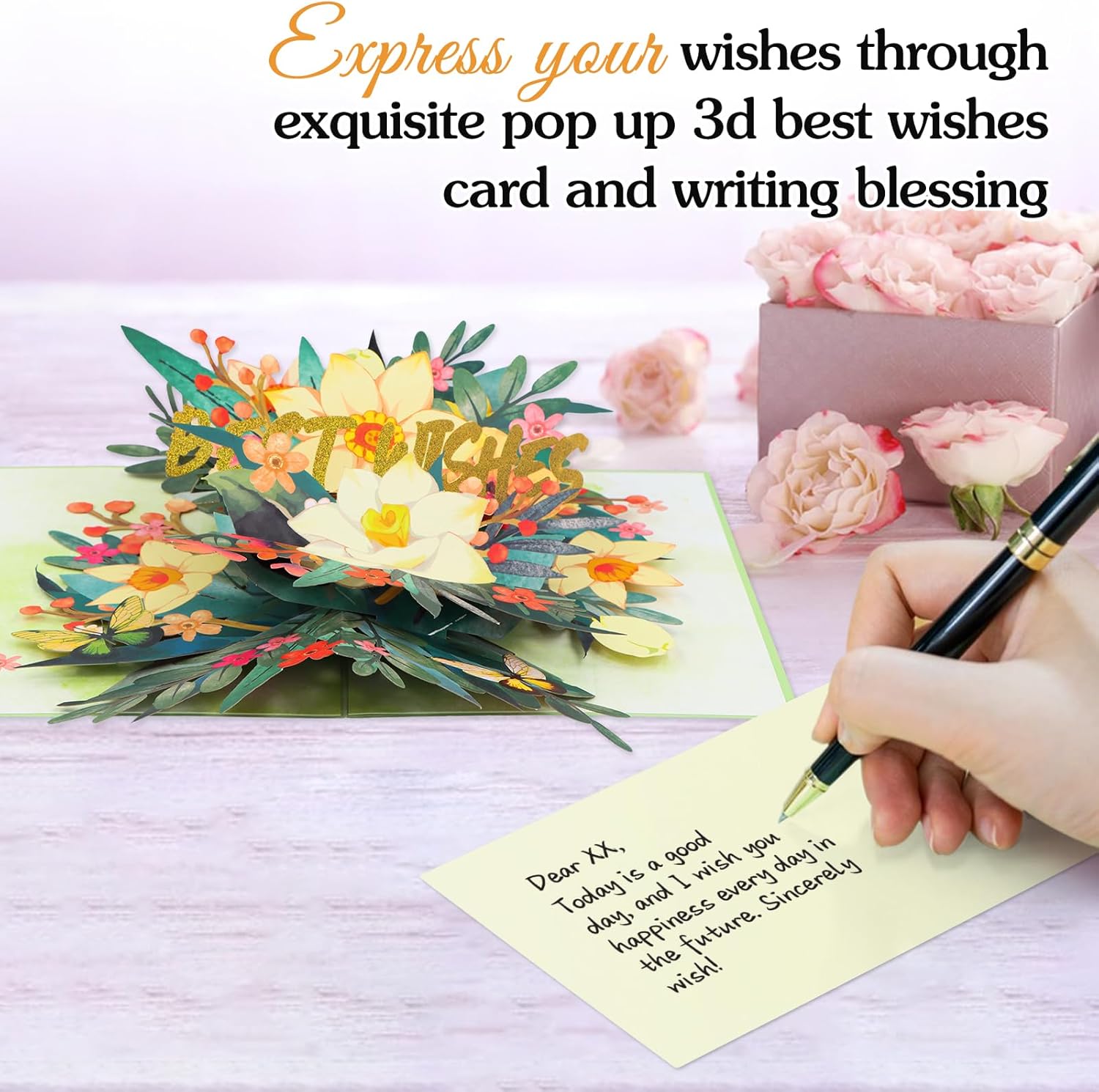 3D Best Wishes Card - Best Wishes Flowers Pop Up Card with Envelope All-Occasion Gift for Parents Family Friends Nurse Teacher Colleague B-Style 2 image 3 of 7 B0DWS9RX17