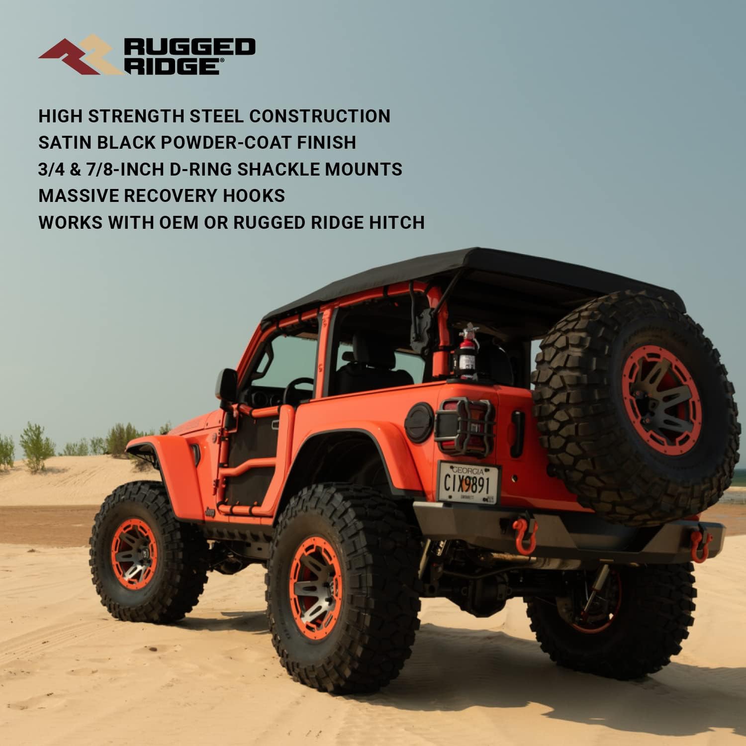 Rugged Ridge HD Bumper - Full-Width Rear Bumper - Fits 2007–2018 Jeep Wrangler JK - Steel Construction with Satin Black Finish & Massive Recovery Hooks