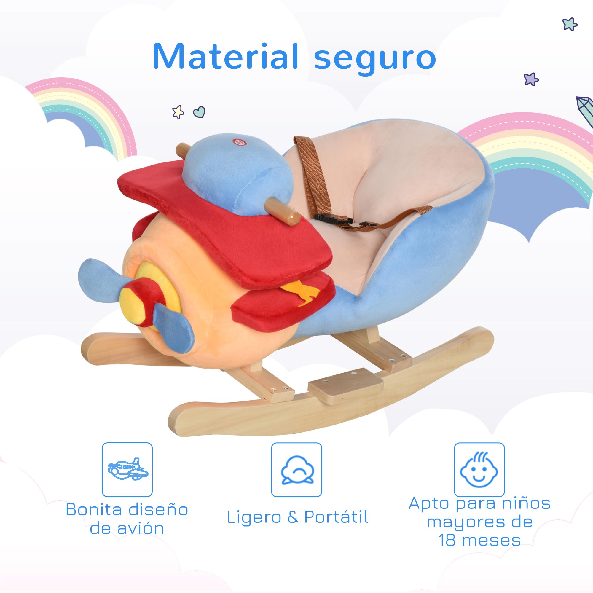 HOMCOM Caballo Balancín para Niños de +18 Meses Avión de Peluche con Música y Arnés de Seguridad Caballo de Juguete Carga 60 kg 60x33x45 cm Multicolor