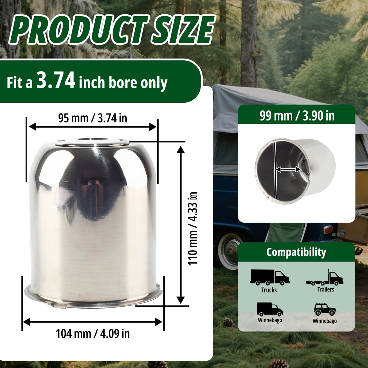 4 Pcs 3.74" Push Through Wheel Center Caps for Truck Trailer RV - Top Plug removes Stainless Steel Hub Caps (Fits 3.74" Bore, 4.33" Tall, Chrome)