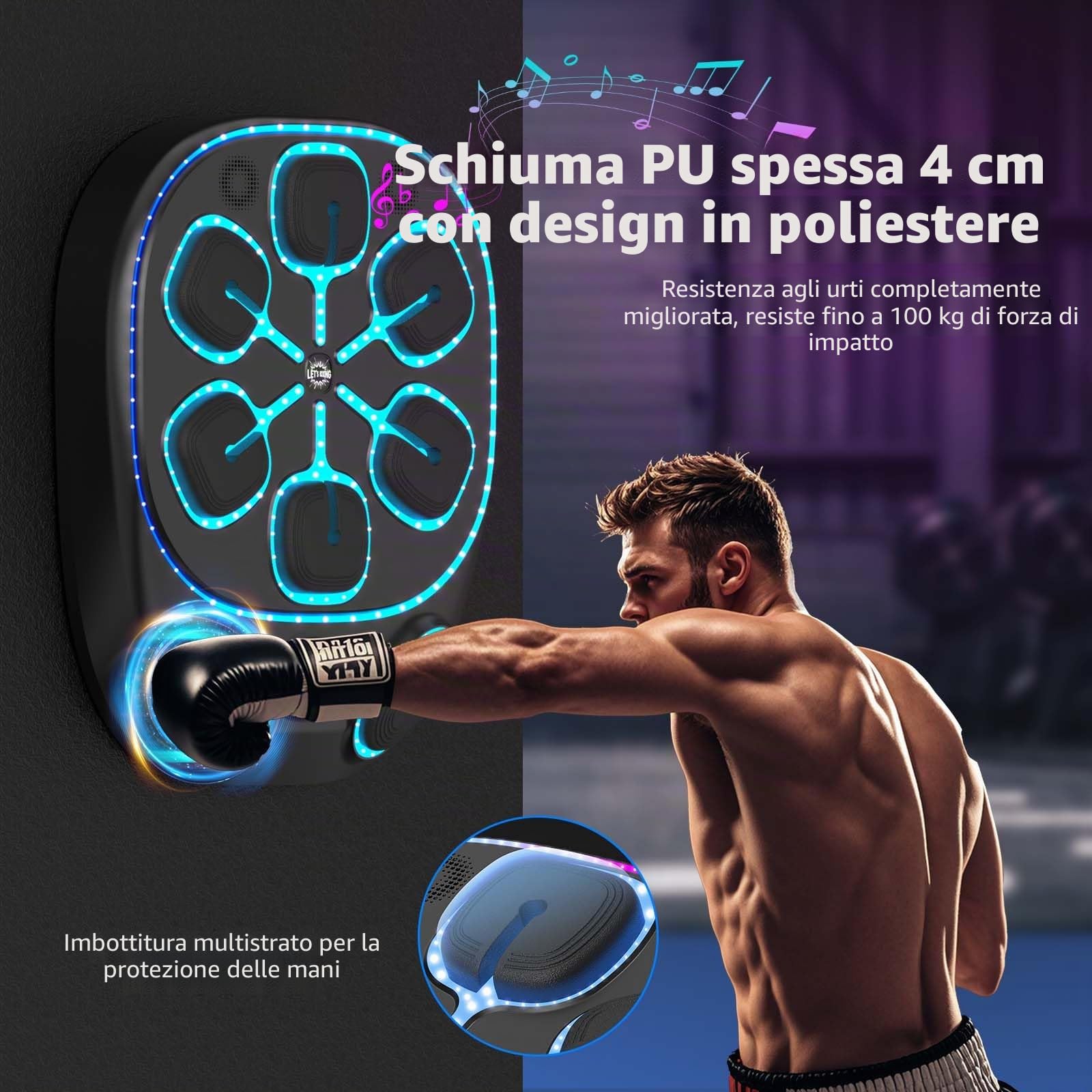 Macchina da Boxe Musicale con luci LED, Bluetooth, 9 modalità di velocità e Funzione di conteggio – Macchina da Boxe Elettronica per Bambini e Adulti – Boxe Musicale per casa e Palestra