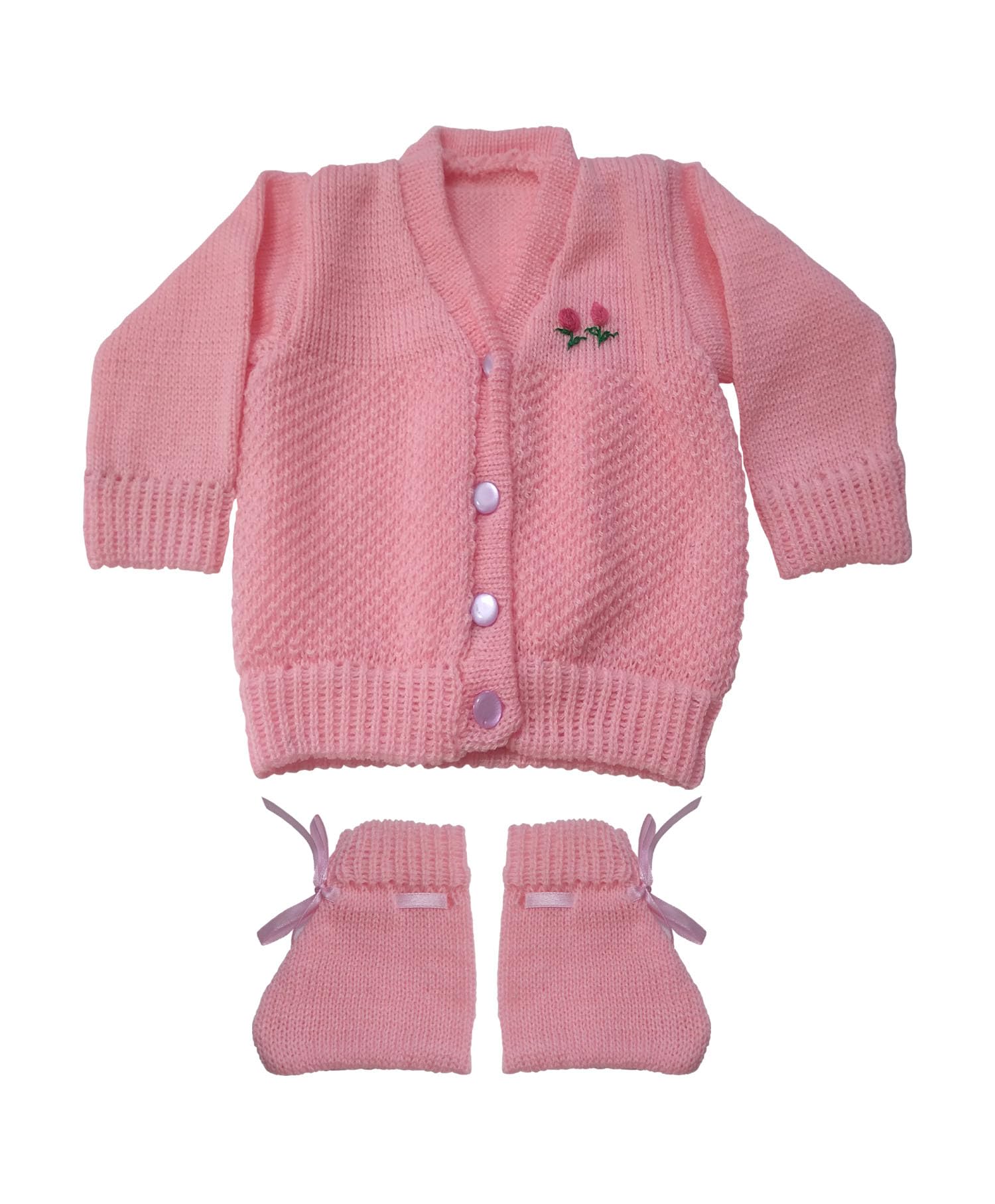 KIDSKA Wool V-Neck Sweater with Cap and Pair of Booties/Babies Woolen Sweater(Pink, 0 to 2 Months) 3 Pcs Set - Image 2 thumbnail