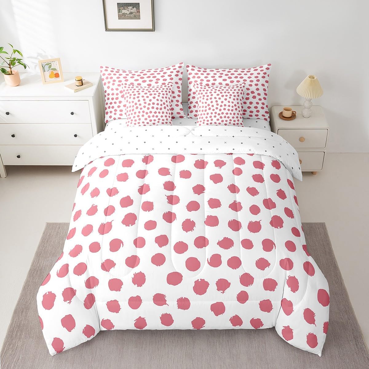 Girls Polka Dots Bed in A Bag 7 Pcs Twin Size Pink Dreamy Sheet Set for Women Brush Stroke Bohemian Rustic White Comforter Set Lightweight Bed Set