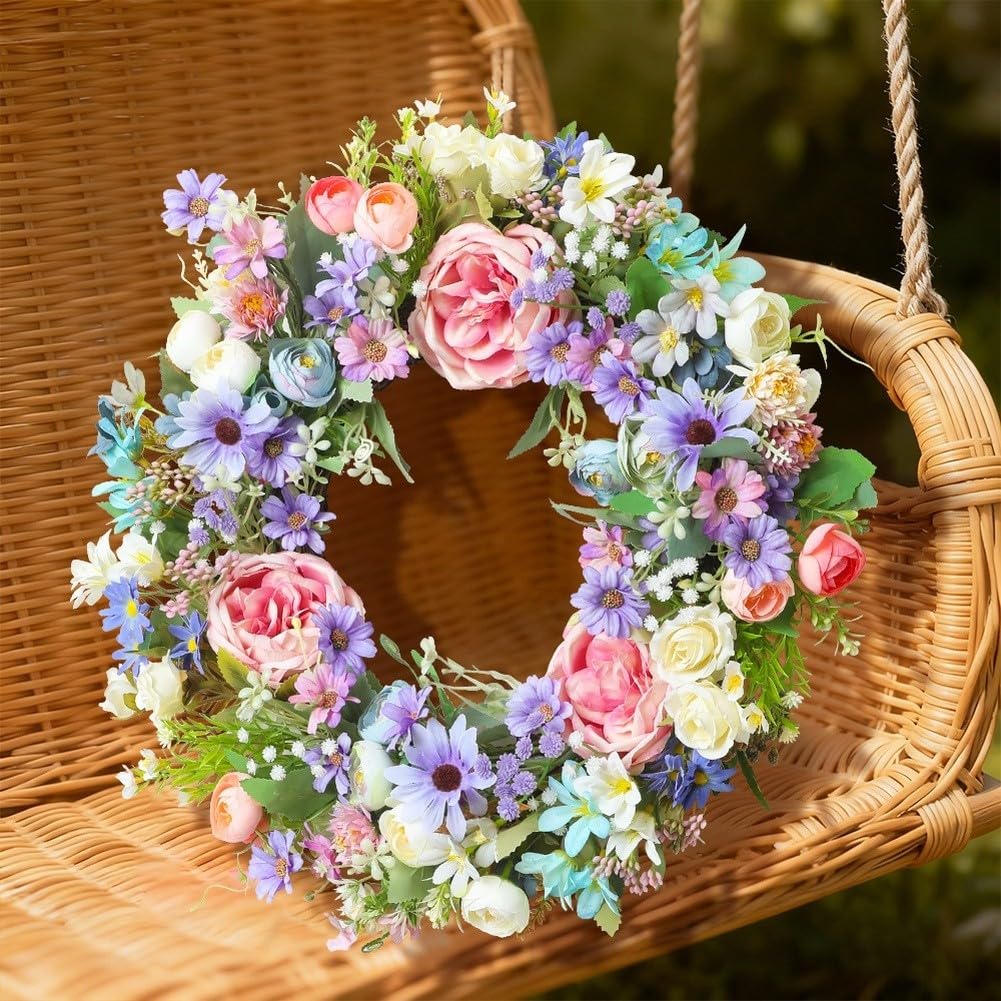 Künstlicher Seidenkranz mit elegantem Pfingstrosen- und Chrysanthemen-Arrangement, entworfen für Innenwand oder Tür