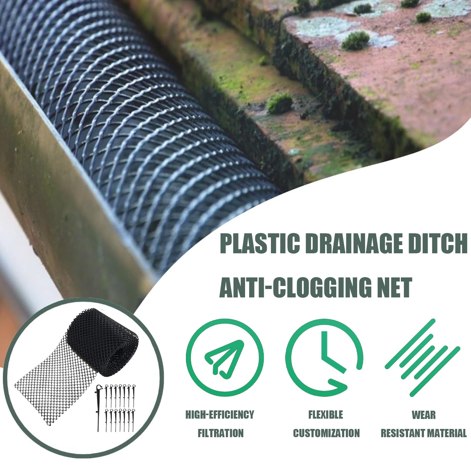 Red de drenaje para zanjas – Red antibloqueo de 600 cm, construcción de larga duración | Trampa versátil para desechos de hojas con forma adaptable, red de protección de drenaje para proteger desagües