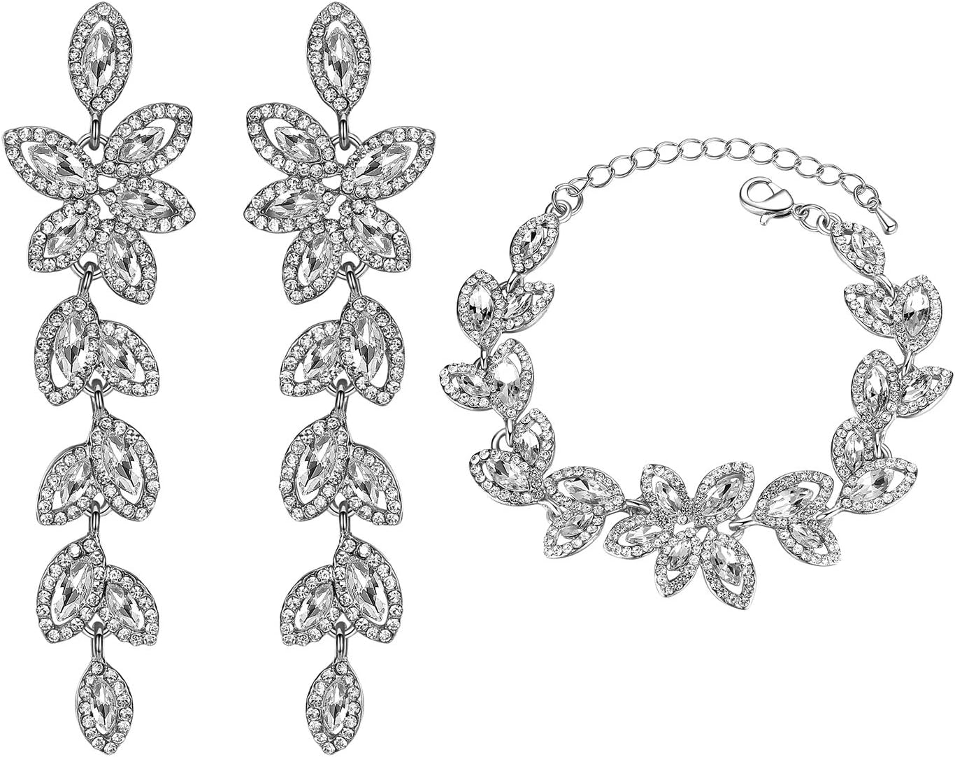 Flower Teardrop Earring and Bracelets Silver/Gold/Champagne Bridal Jewelry Sets for Women