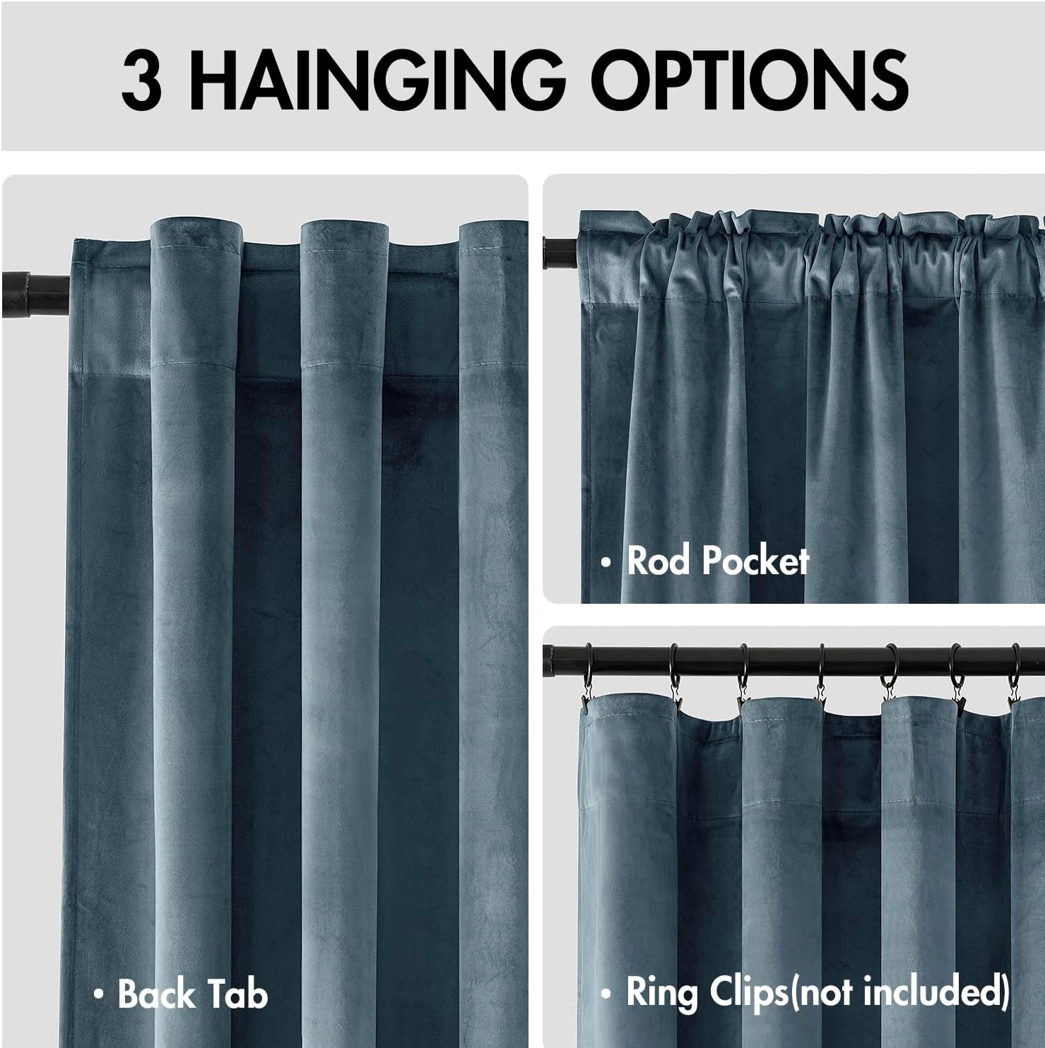 EMEMA Velvet Curtains 63 Inch Length, Dark Slate Room Darkening Back Tab and Rod Pocket Thermal Insulated Drapes Luxury Window Curtains for Bedroom Living Room W52 x L63 2 Panels