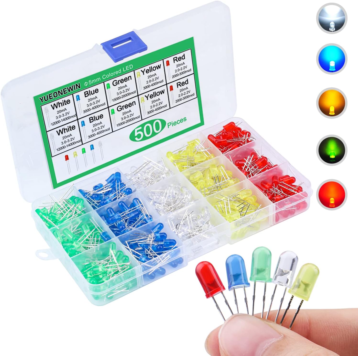 500Pcs 5mm LED Diode Light Emitting Diode Assortment Kit Led Electronics Circuit Assorted Kit for Arduino, PCB Circuit DIY, Christmas Card Making (Multicolor-White/Red/Yellow/Blue/Green)