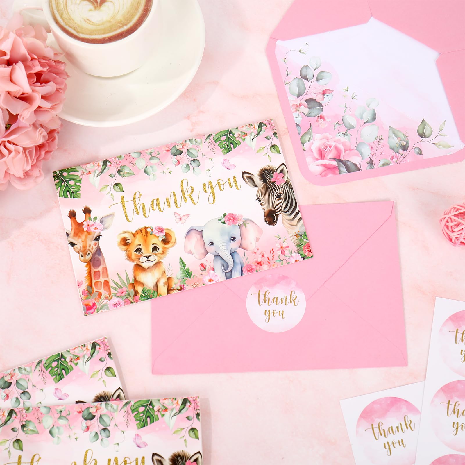 24 Pack Pink Safari Thank You Cards - Wild Animal Flower Note Cards With Envelopes