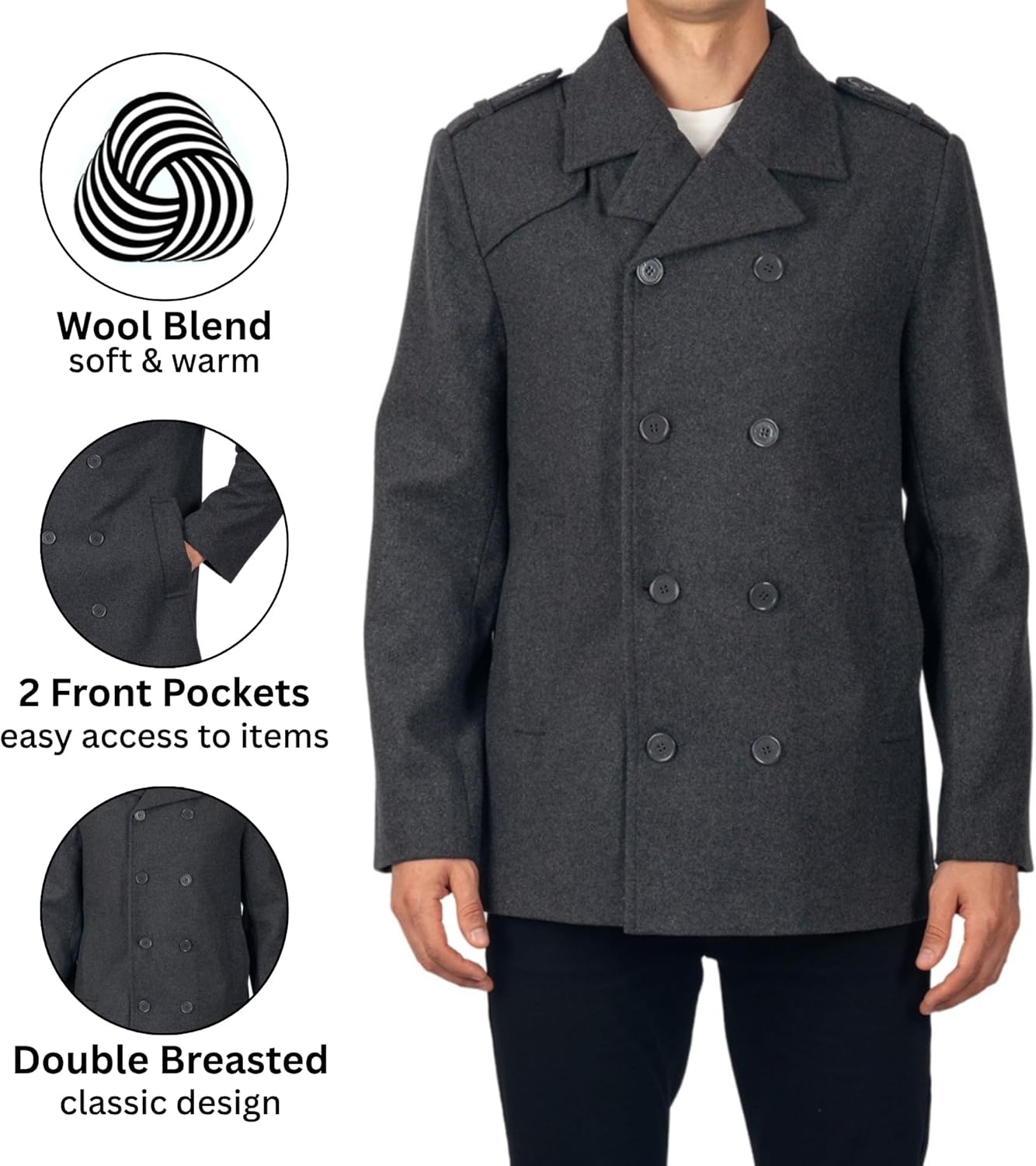 Alpine Swiss Jake Mens Wool Pea Coat Double Breasted Peacoat Jacket - Image 3