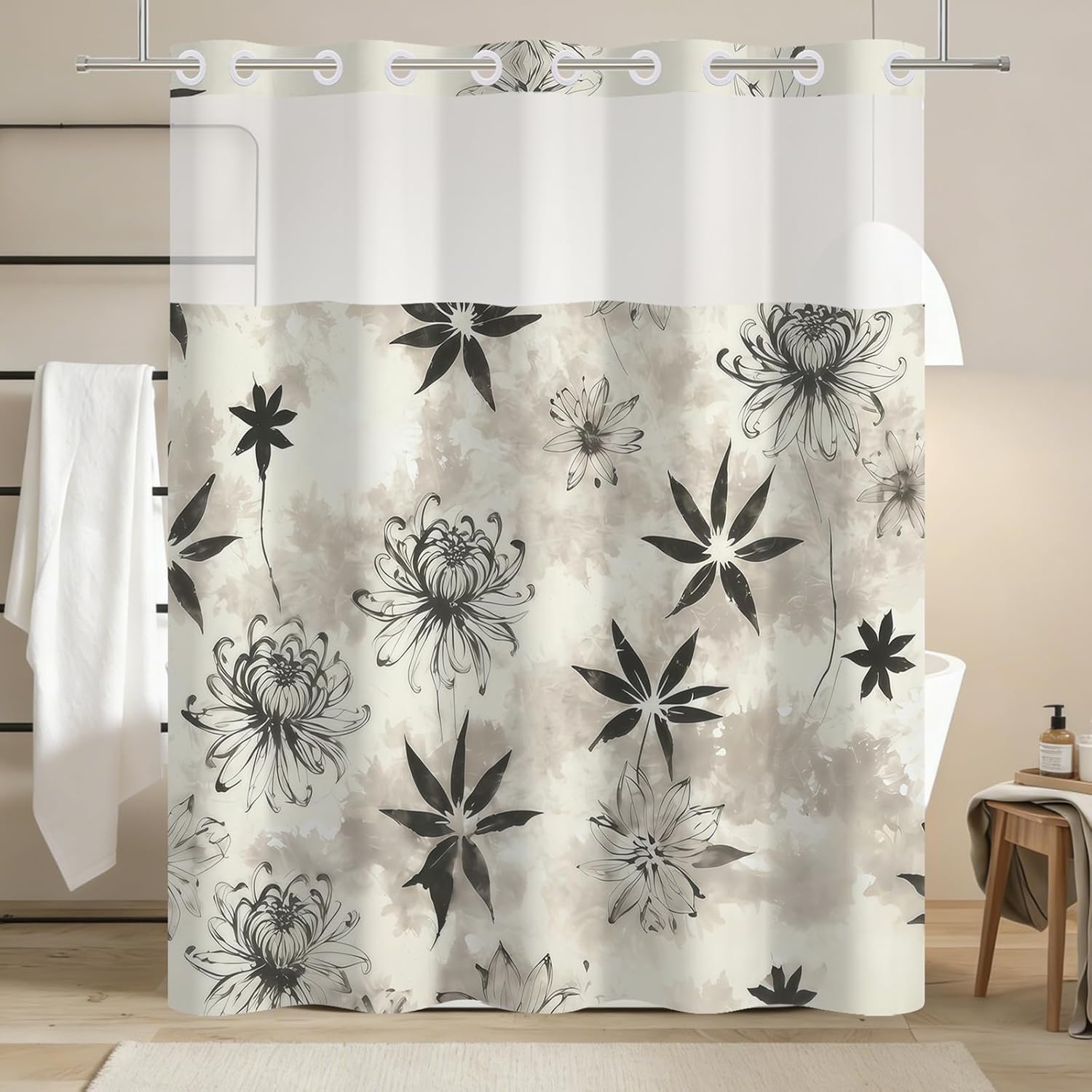 No Hook Farmhouse Shower Curtain and Liner Set 71 x 74 Inch - Black Line Floral Pattern, Waterproof Fabric Bath Curtain with Mesh Top for Minimalist Bathroom Decor