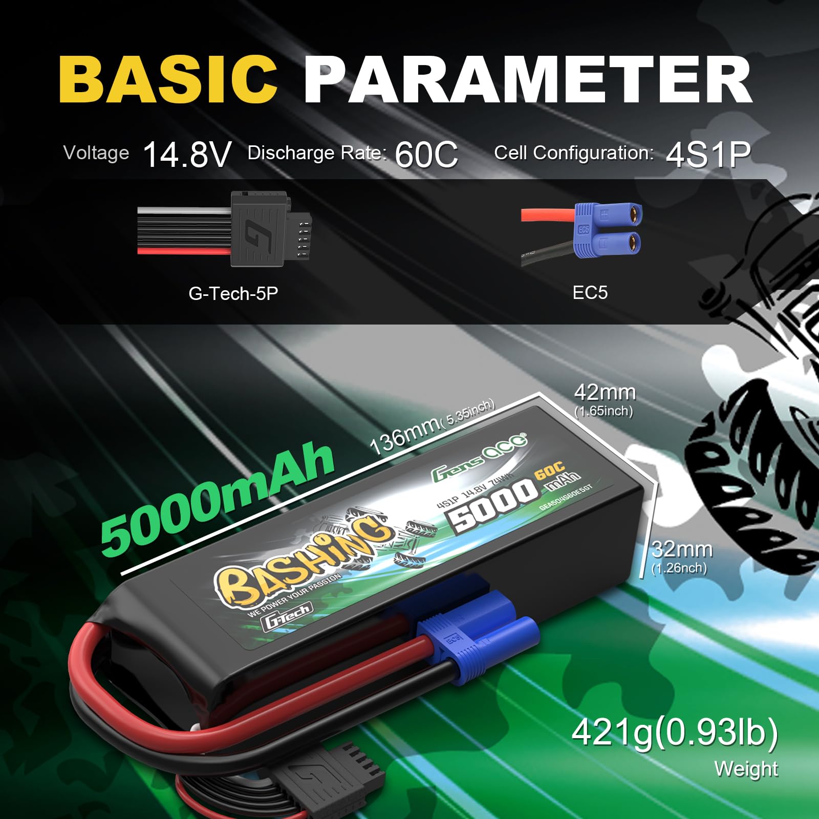 Gens Ace 4S 5000 mAh 14,8 V 60C LiPo akumulator z wtyczką EC5 i G-Tech – akumulator Bashing do samochodów RC, samolotów RC, helikoptera RC i hobby RC