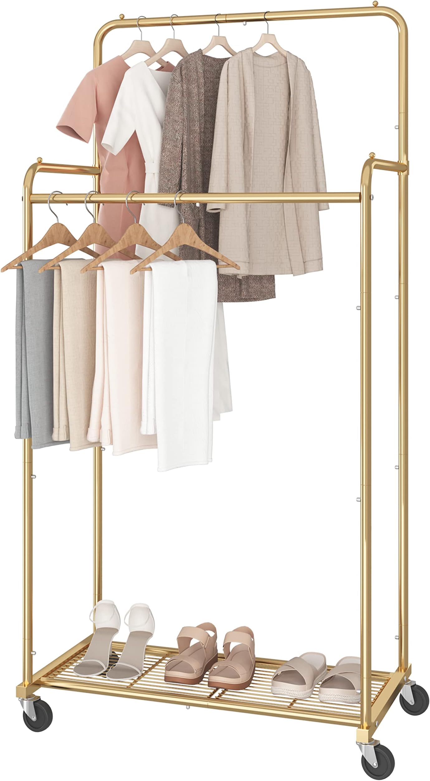 Simple Trending Double Rod Clothes Garment Rack, Heavy Duty Clothing Rolling Rack on Wheels for Hanging Clothes,with 4 Hooks, Gold