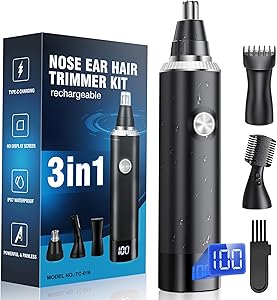 Nose Hair Trimmer for Men, 3-in-1 Professional Painless USB-C Rechargeable Eyebrow & Facial Nose Trimmer for Men Women, LED Display Trimmer with Powerful Motor and Dual-Edge Blades, IPX7 Waterproof