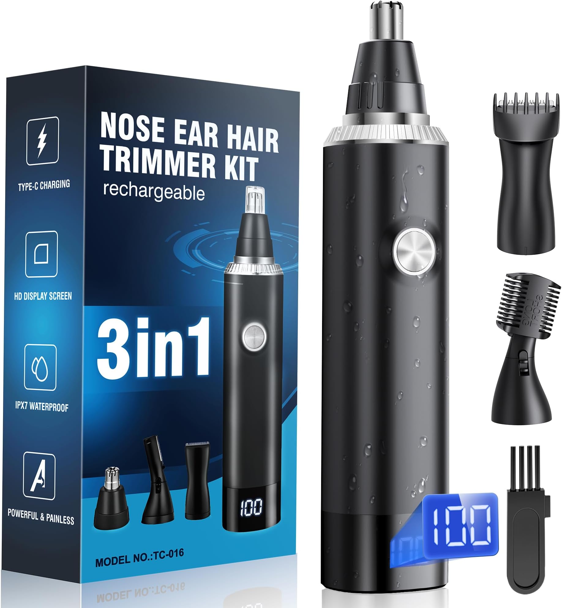 Rechargeable Nose Hair Trimmer for Men and Women, 3-in-1 Professional Painless Eyebrow and Facial Hair Trimmer, IPX7 Waterproof Nose Trimmer Men with Dual Edge Blades,Eyebrow Trimmer
