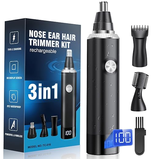 Nose Hair Trimmer for Men, 3-in-1 Professional Painless Rechargeable Eyebrow & Facial Hair Trimmer for Men Women, Multifunctional Trimmer with Powerful Motor and Dual-Edge Blades, IPX7 Waterproof