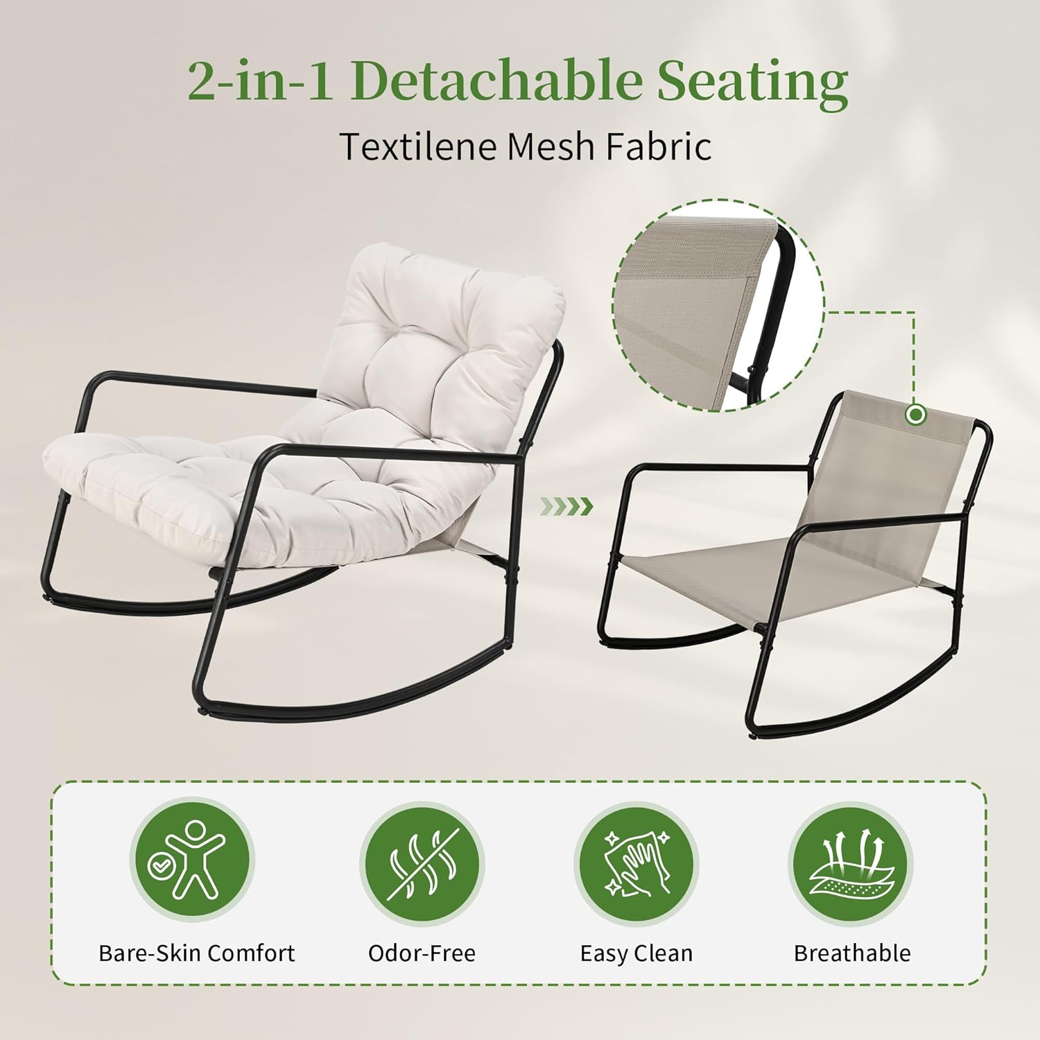 Outdoor Rocking Chair - Comfy Papasan Patio Lounge Chair with Thick Cushion, Sturdy Frame for Indoor Outdoor Use, Modern Accent Rocker Chair for Porch, Garden, Living Room (Beige)