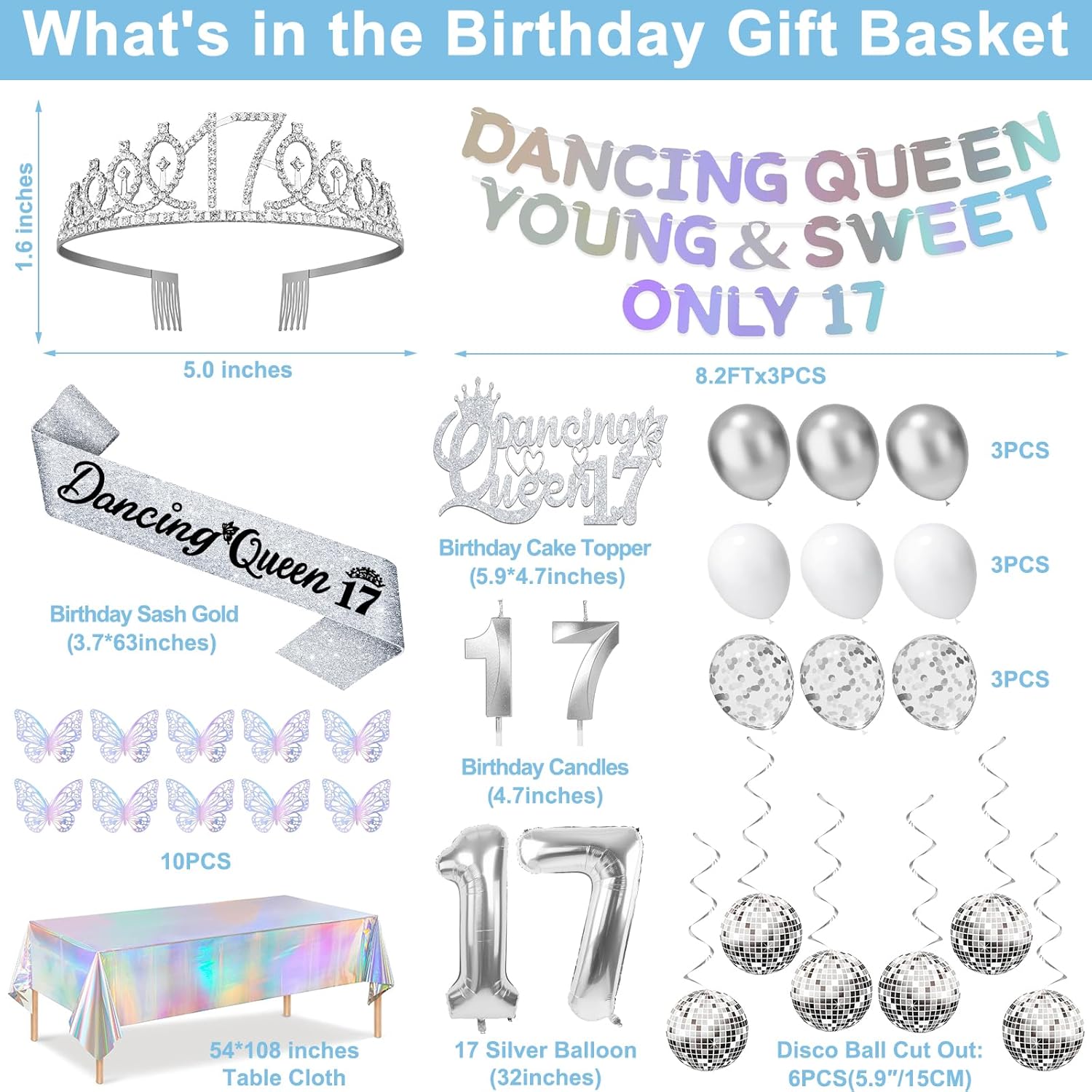 34pcs Dancing Queen Party Decorations 17,Dancing Queen Banner,Silver 17th Birthday Tiara and Sash,Balloons,Disco Hanging Swirls,Butterfly,Candles and Cake Topper,Tablecloth for 17 Birthday - Image 2