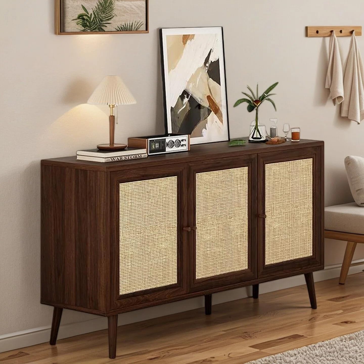 47" Rattan-Door Sideboard Cabinet with Shelf, 3-Door TV Stand Credenza Buffet with Generous Storage, Modern Accent Cabinet for Living Room & Kitchen, Walnut