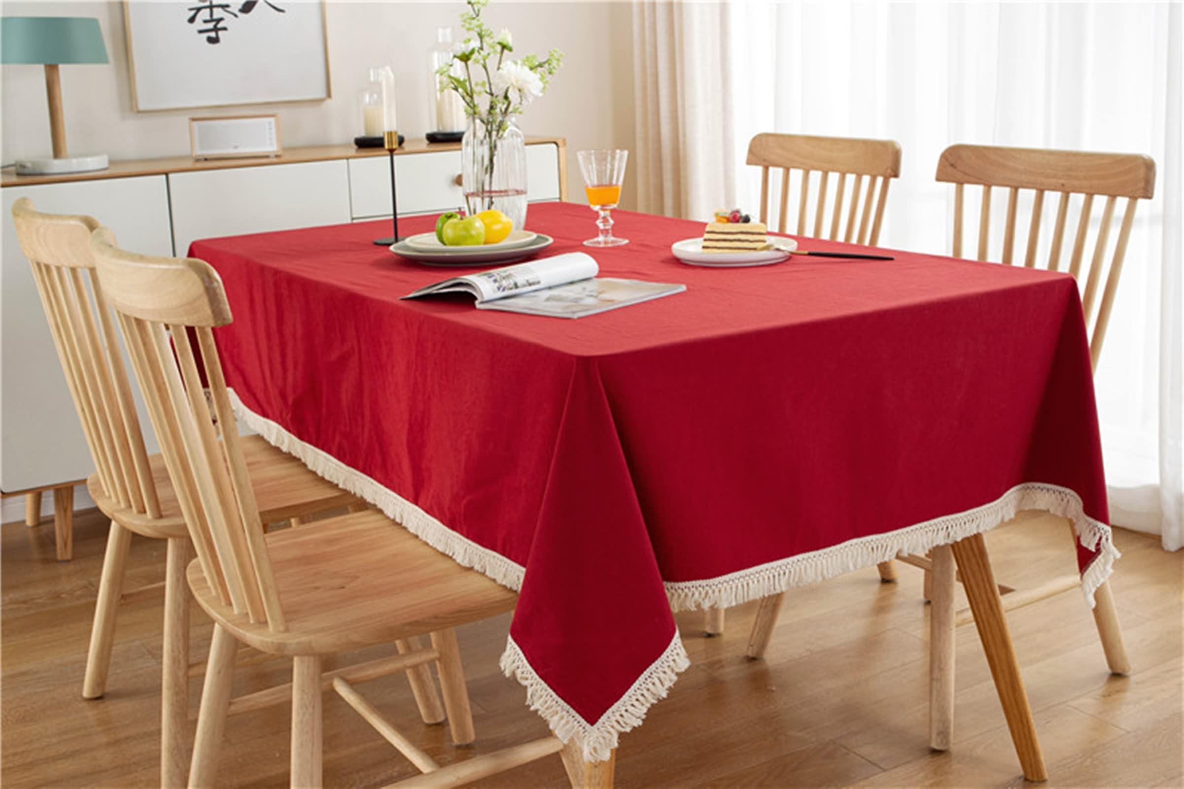 Mantel cuadrado para mesa de comedor, 35 x 35 pulgadas, de algodón, color liso, con borlas, para eventos, bodas, banquetes y fiestas, estilo B rojo