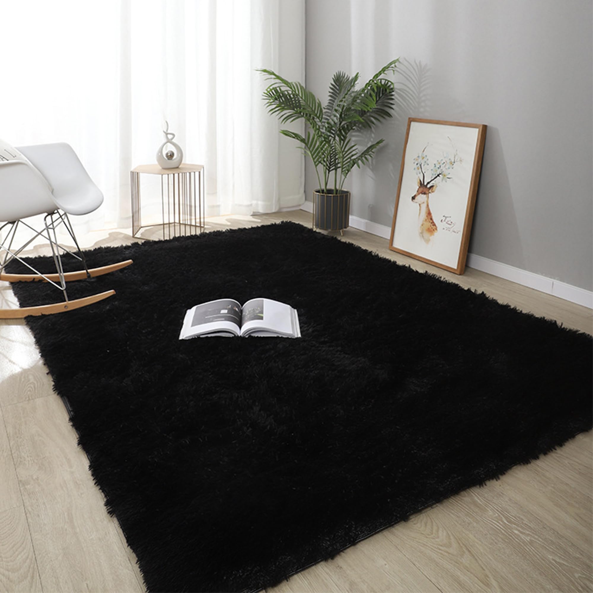 Tapis de sol moelleux et epais noir 230x160 cm lavable pour salon et chambre