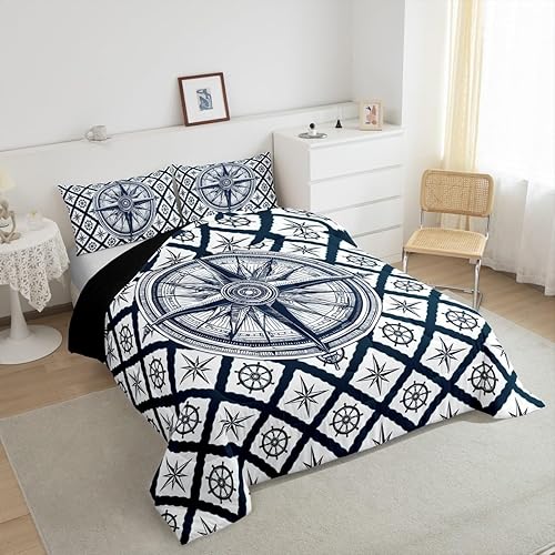 Miniatura 3 de Juego de edredón de brújula náutica, ropa de cama tamaño Queen, ropa de cama de cuadrícula geométrica azul marino para niños, adolescentes y