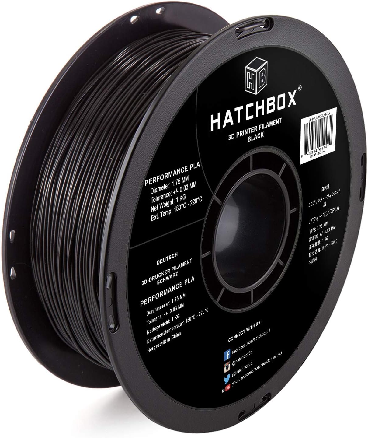 HATCHBOX 3D PPLA-1KG1.75-BLK Performance PLA 3D Printer Filament, Dimensional Accuracy +/- 0.03 mm, 1 kg Spool, 1.75 mm, Black