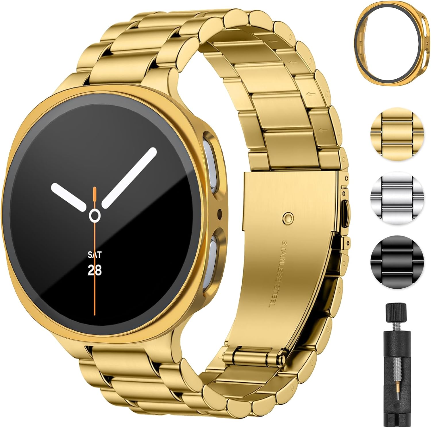 Stainless Steel Band and Case Compatible with Samsung Galaxy Watch 8 Band 44mm 40mm, Business Metal Chain Link Bracelet Strap with Hard PC Cover for Samsung Watch 8 40mm 44mm Men Women