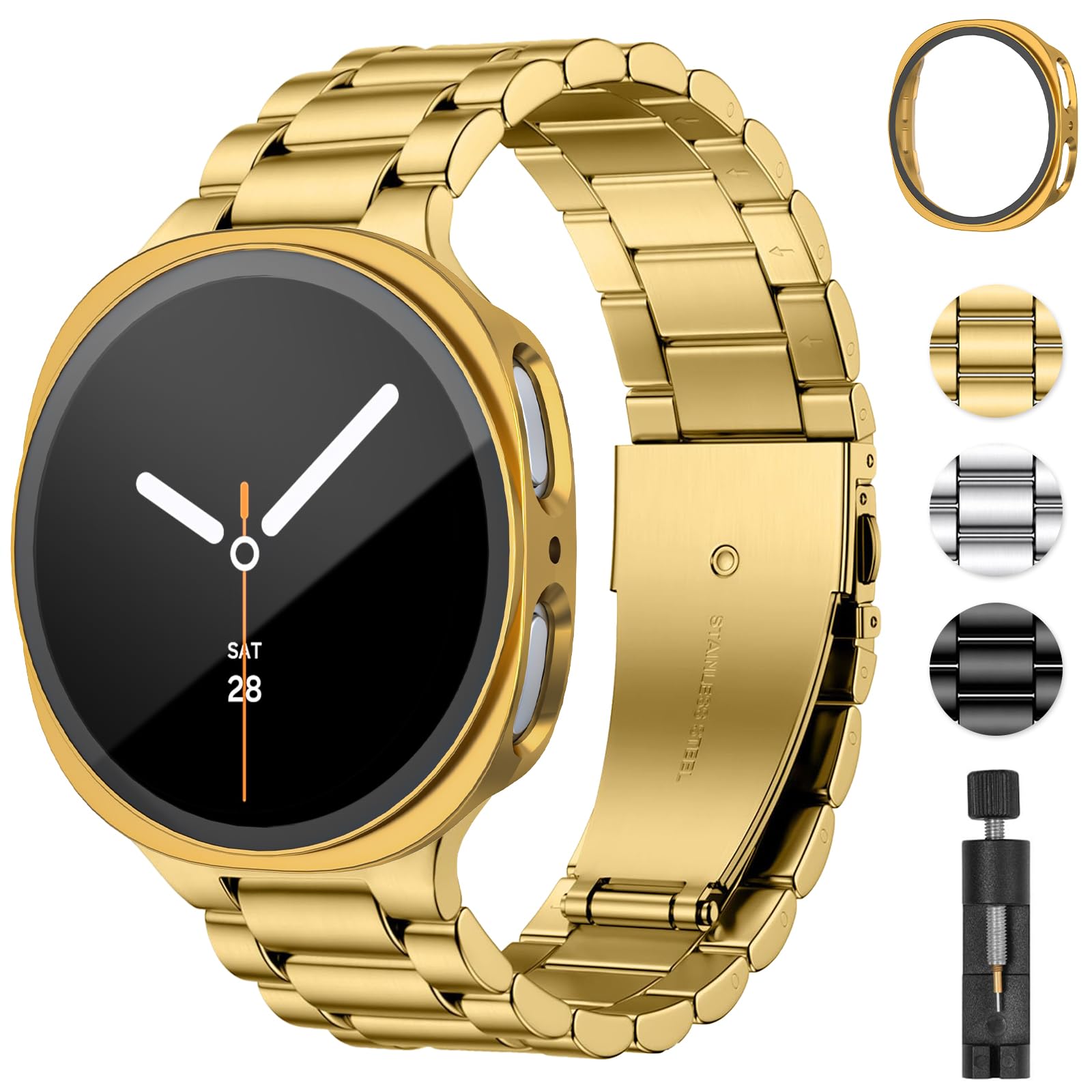 Photo 1 of BandRain Stainless Steel Band and Case Compatible with Samsung Galaxy Watch 8 Band 44mm 40mm, Business Metal Chain Link Bracelet Strap with Hard PC Cover for Samsung Watch 8 40mm 44mm Men Women