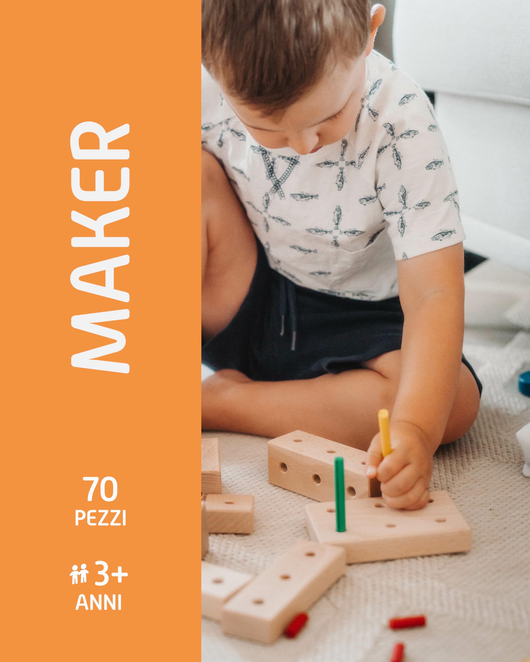 Matador Set di Costruzioni per Bambini da 3 Anni – 70 Pezzi | Gioco di Costruzioni in Legno coinvolgente per sviluppare creatività e motricità fine, con aste, Blocchi, Martello e Pinza
