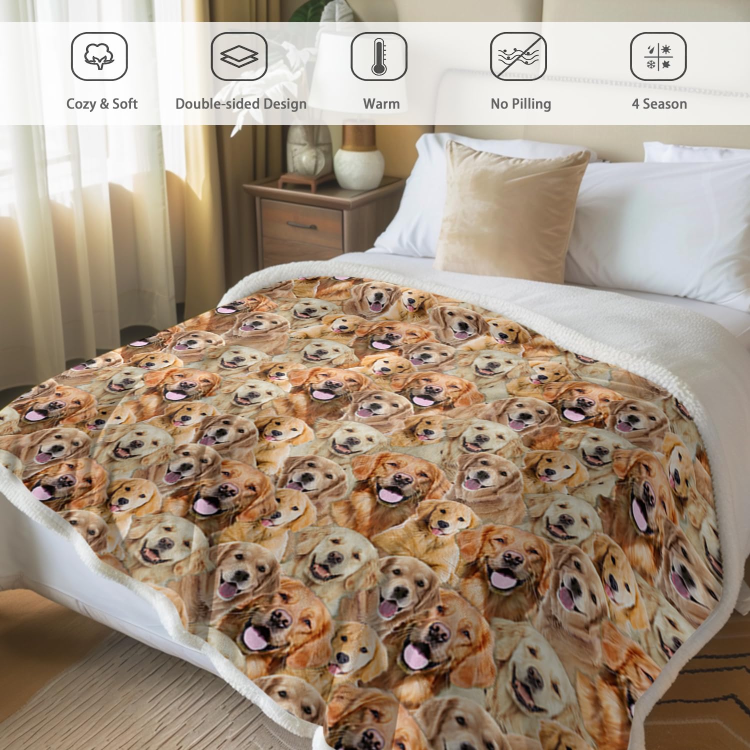 BlessLiving Fuzzy Dogs Blanket for Kids Adults Cute Puppy Fleece Blanket Reversible Animal Pattern Sherpa Throw (Golden Retriever,Twin, 60 x 80 Inches)