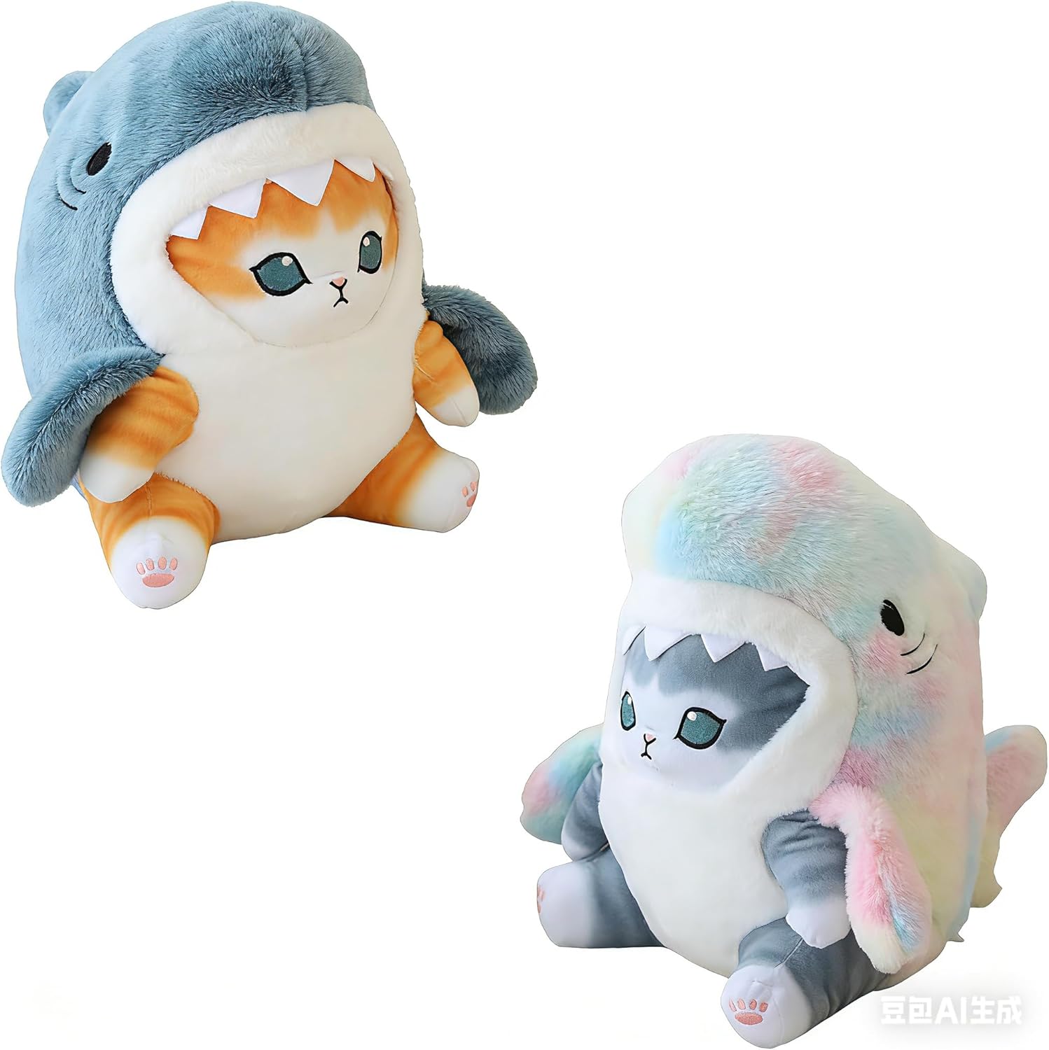 8'' Cute Shark Cat Plush Toy Fried Shrimp Cat Stuffed Animal Plushies Doll,Gift for Kids (Blue Gold+Colorful Grey)