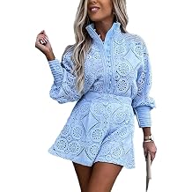 SOMTHRON Womens Summer Eyelet Lace Two Piece Outfits Long Sleeve Blouse Tops Shorts Floral Embroidery Set