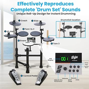 Pyle Electronic Drum Set-Portable Powerful Kit w Machine for Beginners Touch Sensitive Drum Pads, MIDI Computer Connection, Quick Setup Roll-Up Design (Mac & PC Compatible) (PTEDK50)