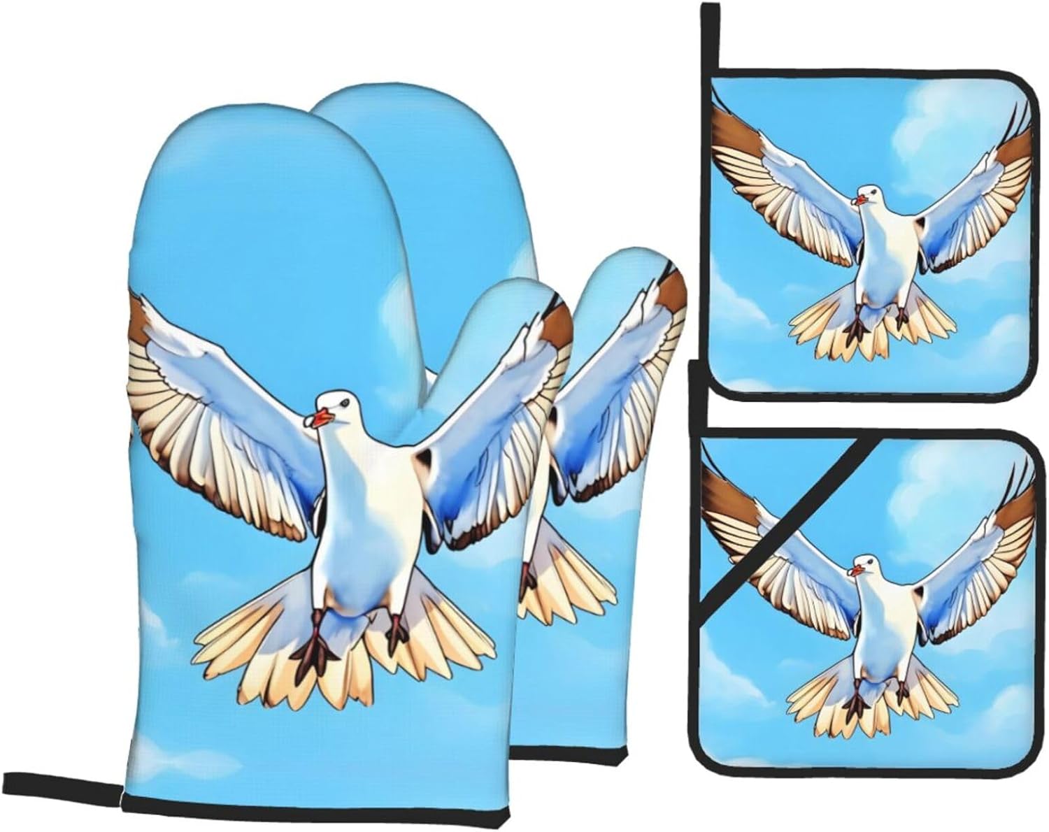 Seagulls in flight Oven gloves and heat-resistant mat 4-piece set. Suitable for grilling, microwave oven frying, and baking
