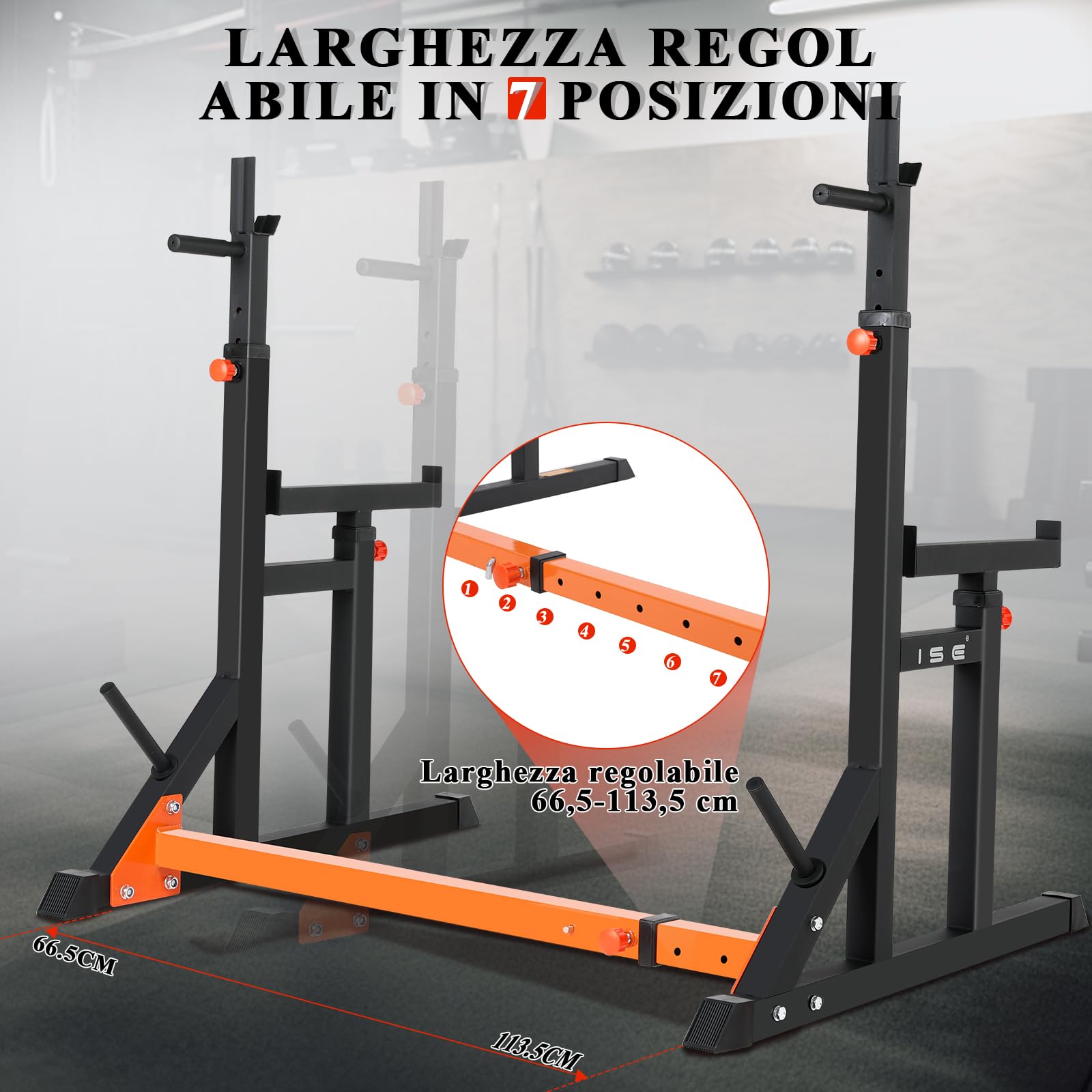ISE Rack Palestra Multifunzione, Supporto Bilanciere Rack di fitness a casa, Rack da Squat Regolabile in altezza e in larghezza, Stand per Sollevamento Pesi, Porta Pesi Palestra Casa, Max. 200KG